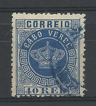 1169.jpg -     Lote:    1169            Cabo Verde       Descrição:         1877 &mdash; Tipo Coroa. CE5, 40 reis azul, denteado 12 &frac12;. Valor de catálogo &euro; 82,00.        O       Valor Base:     &euro; 12,00     Valor Venda:     &euro; 18,00       