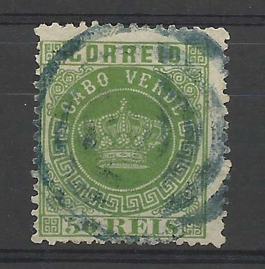 1170.jpg -     Lote:    1170            Cabo Verde       Descrição:         1877 &mdash; Tipo Coroa. CE6, 50 reis verde, papel fino, denteado 12 &frac12;. Obliterado com carimbo de círculos concêntricos. Valor de catálogo &euro; 120,00.        O       Valor Base:     &euro; 25,00     Valor Venda:     &euro; 25,00       