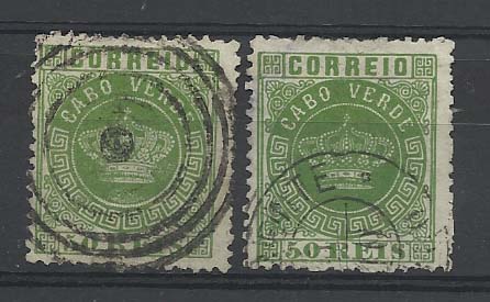 1171.jpg -     Lote:    1171            Cabo Verde       Descrição:         1877 &mdash; Tipo Coroa. CE6, 50 reis verde, denteado 12 &frac12;. Lote com dois selos obliterados com carimbo de círculos concêntricos e circular datado de S. Vicente. Valor de catálogo &euro; 240,00.        O       Valor Base:     &euro; 36,00     Valor Venda:     Retirado     
