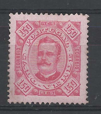 1174.jpg -     Lote:    1174            Cabo Verde       Descrição:         1893/95 &mdash; D. Carlos I Diogo Neto. CE34, 150 reis carmim s/ rosa, denteado 13 &frac12;. Valor de catálogo &euro; 50,00.        **       Valor Base:     &euro; 10,00     Valor Venda:     &euro; 10,00       