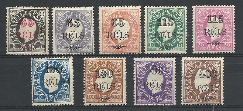 1176.jpg -     Lote:    1176            Cabo Verde       Descrição:         1902 &mdash; D. Luís I, fita direita, com sobretaxa. CE52/60. Série completa. Três selos sem goma. Valor de catálogo &euro; 73,20.        **/*       Valor Base:     &euro; 12,00     Valor Venda:     &euro; 20,00       