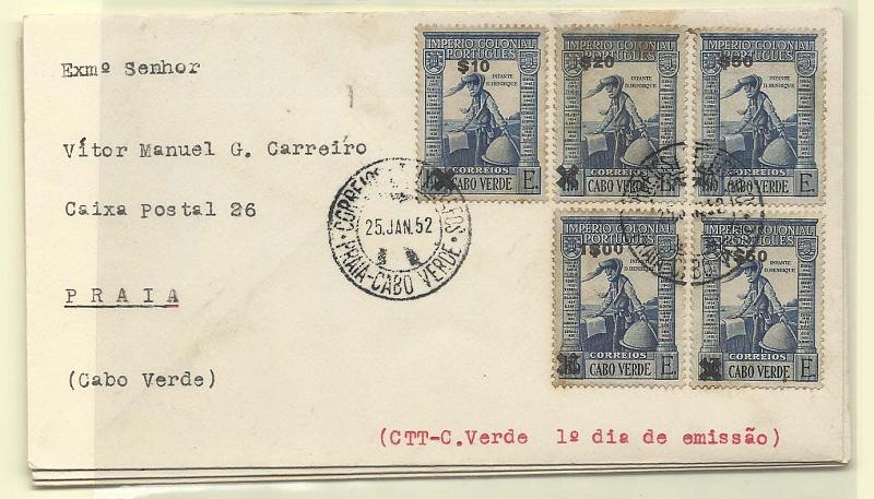 1180.jpg -     Lote:    1180            Cabo Verde       Descrição:         1948/52 &mdash; Império Colonial Português com sobretaxa. Lote de três FDCs com as séries CE 239/240, 254/259 e 26&frac12;65. Todos obliterados com carimbo ordinário da Praia.        FDC       Valor Base:     &euro; 10,00     Valor Venda:     &euro; 22,00       