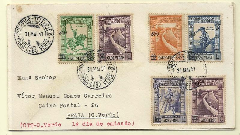 1181.jpg -     Lote:    1181            Cabo Verde       Descrição:         1951 &mdash; Império Colonial Português. CE254/259. Série completa em sobrescrito de 1.º dia de circulação, obliterado com marca de dia da Praia (31.05.51).        FDC       Valor Base:     &euro; 10,00     Valor Venda:     &euro; 14,00       