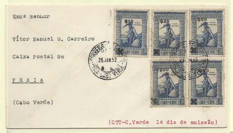 1182.jpg -     Lote:    1182            Cabo Verde       Descrição:         1952 &mdash; Império Colonial Português. CE261/65. Série completa em sobrescrito de 1.º dia de circulação, obliterado com marca de dia da Praia (25.01.52).        FDC       Valor Base:     &euro; 10,00     Valor Venda:     &euro; 14,00       