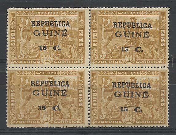 1187.jpg -     Lote:    1187            Guiné       Descrição:         1913 - 4.º Centenário do Descobrimento do Caminho Marítimo para a Índia, com sobrecarga e sobretaxa sobre selos de África. CE120, 15c s/ 150 reis bistre. Quadra. Valor de catálogo &euro; 62,80.        ***       Valor Base:     &euro; 15,00     Valor Venda:     Retirado     