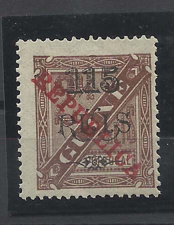 1188.jpg -     Lote:    1188            Guiné       Descrição:         1915 &mdash; D. Carlos I, com sobretaxa e sobrecarga REPUBLICA. CE163, 115 s/ 2 &frac12; reis castanho em denteado 13 &frac12;. Valor de catálogo &euro; 225,00. MB e MR.        **       Valor Base:     &euro; 75,00     Valor Venda:     &euro; 75,00       