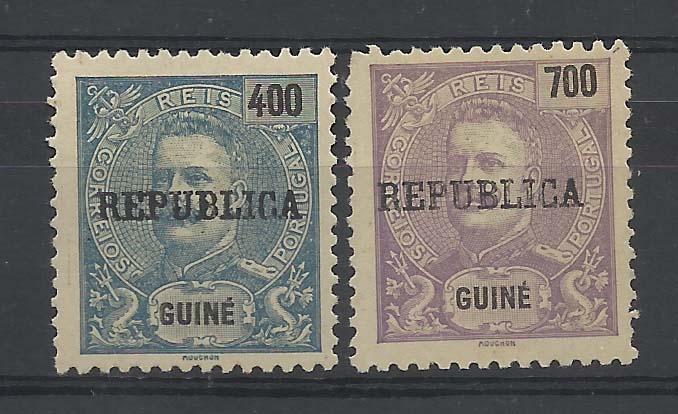 1189.jpg -     Lote:    1189            Guiné       Descrição:         1919 &mdash; D. Carlos I, com sobrecarga REPUBLICA local. Emitidos sem goma. CE172/73. Série completa. Valor de catálogo &euro; 88,00.        *       Valor Base:     &euro; 12,00     Valor Venda:     &euro; 14,00       