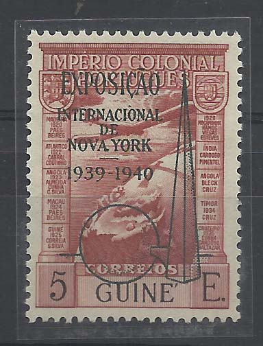 1195.jpg -     Lote:    1195            Guiné       Descrição:         1938 &mdash; Império Colonial Português. Correio Aéreo. Sobrecarga "EXPOSIÇÃO INTERNACIONAL DE NOVA YORK 1939-1940". CE CA7A, 5E castanho. Valor de catálogo &euro; 140,00.        **       Valor Base:     &euro; 40,00     Valor Venda:     Retirado     