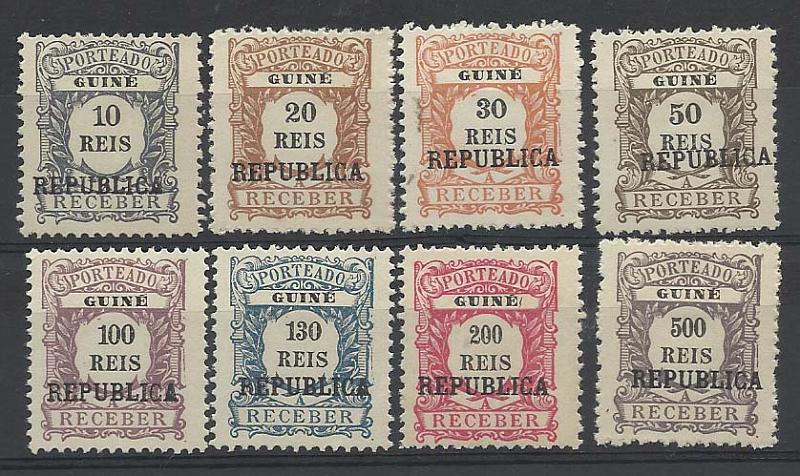 1196.jpg -     Lote:    1196            Guiné       Descrição:         1919 &mdash; Porteado. Emissão regular, com sobrecarga REPUBLICA tipografada localmente. Emitidos sem goma. CE POR2&frac12;8. Série completa. Valor de catálogo &euro; 130,00.        *       Valor Base:     &euro; 30,00     Valor Venda:     &euro; 46,00       