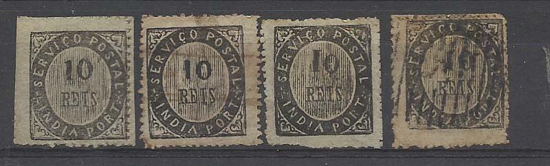 1202.jpg -     Lote:    1202            Índia Portuguesa       Descrição:         1873 &mdash; Nativos. Tipo IA. CE16. 10 reis preto. Lote de 4 selos com variedades do n.º 1 da taxa. Lote a ver. Valor de catálogo &euro; 368,00.        O       Valor Base:     &euro; 50,00     Valor Venda:     &euro; 65,00       
