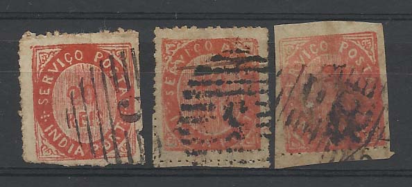 1203.jpg -     Lote:    1203            Índia Portuguesa       Descrição:         1873/76 &mdash; Nativos. Lote de 3 selos de 20 reis laranja vermelho, tipos 1B (2) e ID. CE17 e 36. Valor de catálogo &euro; 65,00.        O       Valor Base:     &euro; 15,00     Valor Venda:     Retirado     