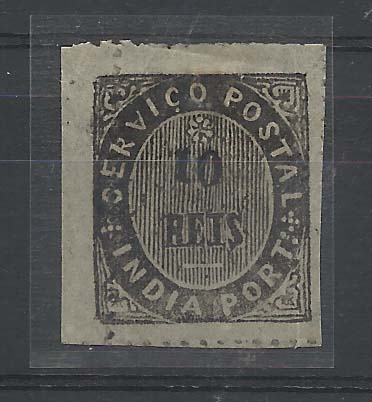1206.jpg -     Lote:    1206            Índia Portuguesa       Descrição:         1877 &mdash; Nativos. Tipo III. CE37, 10 reis preto. Selo com o denteado deslocado. Valor de catálogo &euro; 55,00.        **       Valor Base:     &euro; 16,00     Valor Venda:     &euro; 16,00       