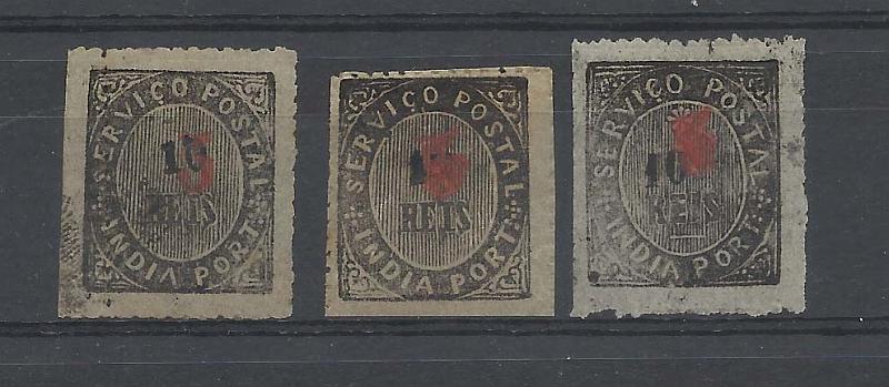 1208.jpg -     Lote:    1208            Índia Portuguesa       Descrição:         1881 &mdash; Nativos, com sobretaxa. CE62, 5 s/ 10 reis. Lote de três selos nas variedades IC, ID e IIIB. Valor de catálogo &euro; 2.255,00.        **       Valor Base:     &euro; 10,00     Valor Venda:     &euro; 85,00       