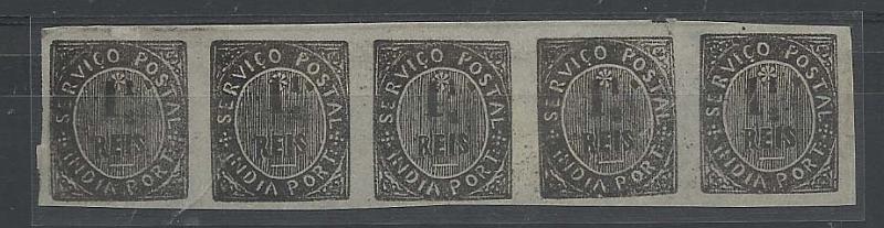 1210.jpg -     Lote:    1210            Índia Portuguesa       Descrição:         1883 &mdash; Nativos. Valor em moeda local. Tipo IIID. CE129, tira horizontal de 5 selos. Um dos selos em traço de fracção. MB.        *       Valor Base:     &euro; 15,00     Valor Venda:     &euro; 40,00       
