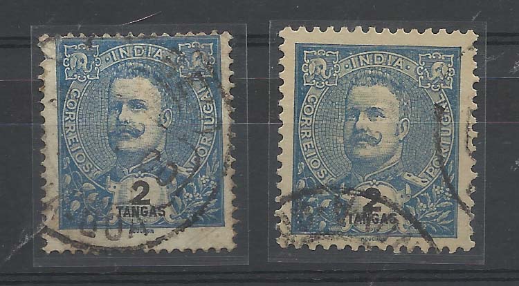 1212.jpg -     Lote:    1212            Índia Portuguesa       Descrição:         1898/1900 &mdash; D. Carlos I, tipo Mouchon. CE160, 2 Tangas azul. Lote de dois selos, sendo um em denteado 11 &frac12; e outro em 13 &frac12;.        O       Valor Base:     &euro; 6,00     Valor Venda:     &euro; 6,00       