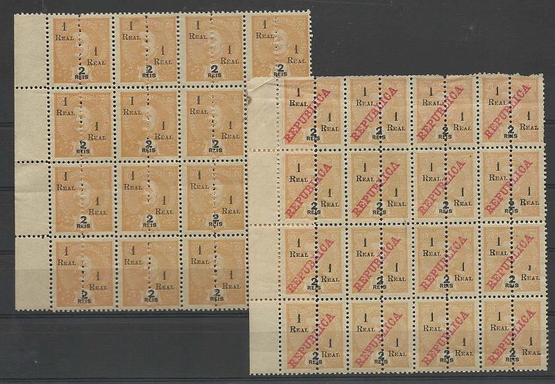 1215.jpg -     Lote:    1215            Índia Portuguesa       Descrição:         1911/13 &mdash; D. Carlos I, com sobretaxa perfurados ao meio + D. Carlos I com sobrecarga REPUBLICA da Casa da Moeda, sobretaxa e perfurados ao meio. Lote composto por dois blocos de 16 selos completas de 1 real s/ 2 reis laranja. CE230 e 239.        *       Valor Base:     &euro; 5,00     Valor Venda:     Retirado     