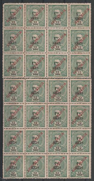 1216.jpg -     Lote:    1216            Índia Portuguesa       Descrição:         1914 &mdash; D. Carlos I, com REPUBLICA local e sobretaxa. CE297, 1 &frac12; reis s/ 12 Tangas. Folha completa de 28 selos com variedades de sobretexa.        *       Valor Base:     &euro; 20,00     Valor Venda:     &euro; 22,00       