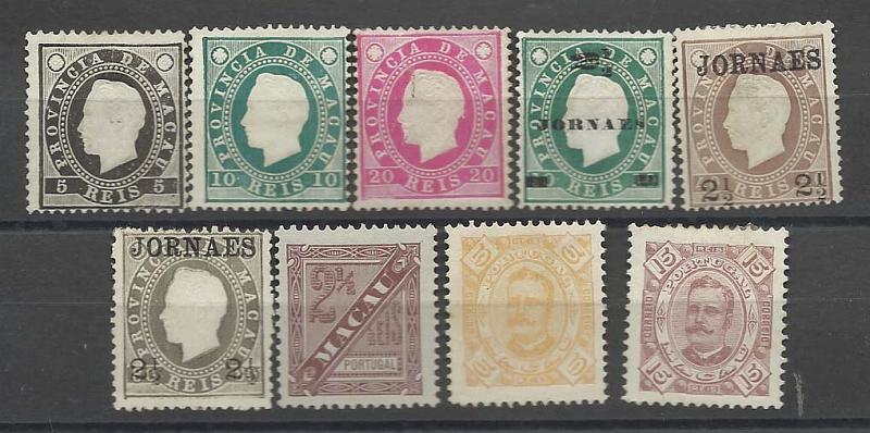 1225.jpg -     Lote:    1225            Macau       Descrição:         1887/94 &mdash; D. Luís + D. Luís com sobrecarga + D. Carlos I Diogo Neto. Lote com 9 selos CE32/34, 42/44, 46, 47 e 49. Selos com e sem goma. Lote a ver.        Lote       Valor Base:     &euro; 30,00     Valor Venda:     Retirado     