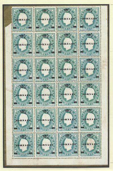 1227.jpg -     Lote:    1227            Macau       Descrição:         1892/93 &mdash; D. Luís I. Fita direita. Com sobretaxa. CE42, 2 &frac12; reis s/ 10 reis verde, denteado 12 &frac12;. Emitidos sem goma. Bloco de 24 selos. Valor de catálogo &euro; 196,80.        *       Valor Base:     &euro; 50,00     Valor Venda:     Retirado     