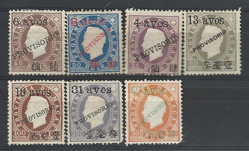 1229.jpg -     Lote:    1229            Macau       Descrição:         1894 &mdash; D. Luís I, com sobrecarga PROVISÓRIO e sobretaxa em moeda local. Emitidos sem goma. CE62/68. Lote com 7 selos. Selos CE67/68 com cantos curtos. Lote a ver. Valor de catálogo &euro; 242,00.        *       Valor Base:     &euro; 36,00     Valor Venda:     &euro; 55,00       