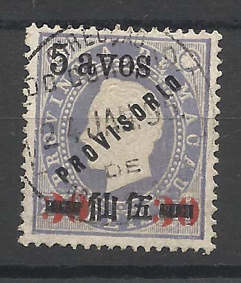 1230.jpg -     Lote:    1230            Macau       Descrição:         1894 &mdash; D. Luís I com sobretaxa e sobrecarga PROVISORIO. Valores locais. CE69, 5 avos s/ 30 reis s/ 200 reis, denteado 13 &frac12;. Valor de catálogo &euro; 111,00.        O       Valor Base:     &euro; 25,00     Valor Venda:     Retirado     