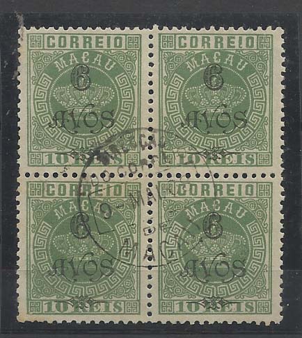 1232.jpg -     Lote:    1232            Macau       Descrição:         1902 &mdash; Coroa com sobretaxa. CE101, 6 avos s/ 10 reis. Quadra usada. Valor de catálogo &euro; 40,00.        O       Valor Base:     &euro; 20,00     Valor Venda:     Retirado     