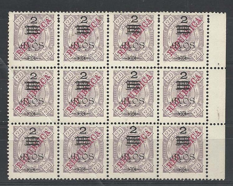 1238.jpg -     Lote:    1238            Macau       Descrição:         1913 &mdash; D. Carlos I com sobretaxa. CE182, 2a s/ 18a s/ 20 reis violeta. Bloco de 12 selos. Valor de catálogo &euro; 75,60        *       Valor Base:     &euro; 15,00      Valor Venda:     &euro; 15,00       