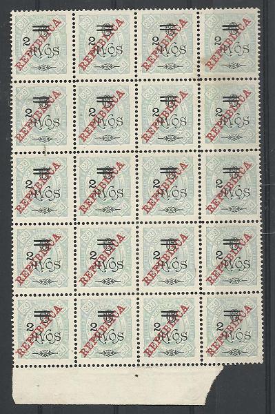 1240.jpg -     Lote:    1240            Macau       Descrição:         1919 &mdash; D. Carlos I tipo Diogo Neto com sobretaxa e sobrecarga REPUBLICA. CE245, 2a s/ 6a s/ 80 reis verde claro. Bloco com com 20 selos. Valor de catálogo &euro; 1.000,00.        *       Valor Base:     &euro; 200,00     Valor Venda:     Retirado     