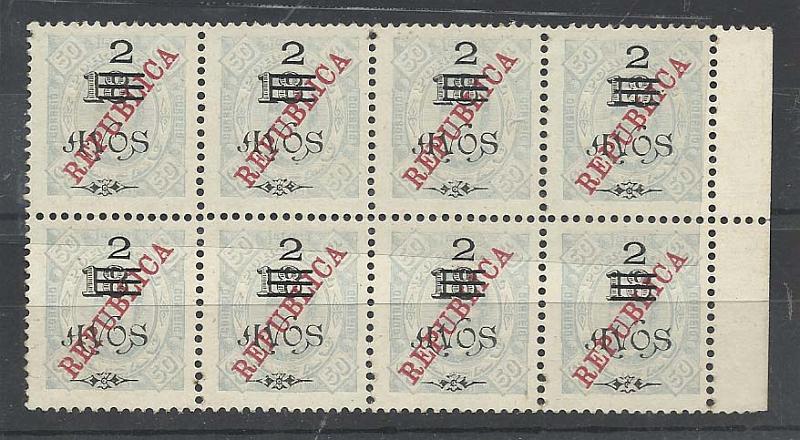 1241.jpg -     Lote:    1241            Macau       Descrição:         1913 &mdash; D. Carlos I com sobretaxa. CE183, 2a s/ 18a s/ 50 reis azul. Bloco de 8 selos. Valor de catálogo &euro; 50,40        *       Valor Base:     &euro; 10,00     Valor Venda:     &euro; 10,00       