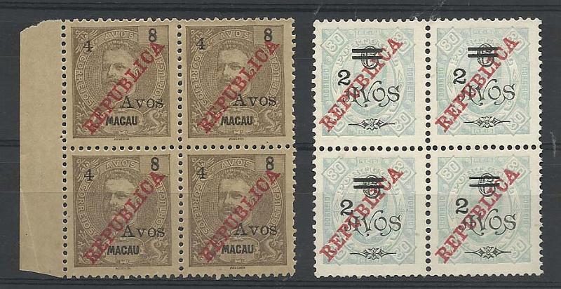 1246.jpg -     Lote:    1246            Macau       Descrição:         1913/19 &mdash; D. Carlos I com sobretaxa. CE199 + CE245. Lote composto por duas quadras: uma de 2 avos s/ 18 avos s/ 50 reis CE245 + outra de 4 avos s/ 8 avos CE199. Valor de catálogo &euro; 232,00.        *       Valor Base:     &euro; 45,00     Valor Venda:     &euro; 55,00       