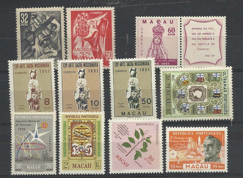 1251.jpg -     Lote:    1251            Macau       Descrição:         1950/60 &mdash; Ano Santo + Encerramento Ano Santo + Arte Sacra + Centenário Selo Postal + Centenário S. Paulo + Exposição de Bruxelas + Congresso Paludismo + Centenário Infante D. Henrique. Oito séries completas. CE349/50, 366, 371/73, 384, 385, 394/96. Um selo com sinal de charneira CE350. Valor de catálogo &euro; 80,40.        ***/**       Valor Base:     &euro; 12,00     Valor Venda:     &euro; 28,00       