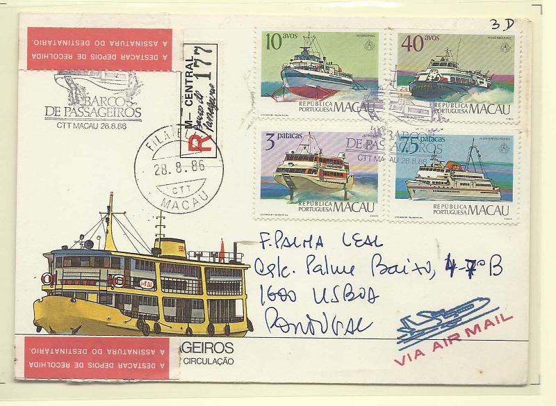 1258.jpg -     Lote:    1258            Macau       Descrição:         1986 &mdash; Meios de Transportes Tradicionais. Barcos de Passageiros. CE532/535. Sobrescrito circulado registado de Macau (28.08.86) para Lisboa (02.09.86) com série completa obliterados com carimbo comemorativo do 1.º dia de circulação.        FDC       Valor Base:     &euro; 20,00     Valor Venda:     Retirado     