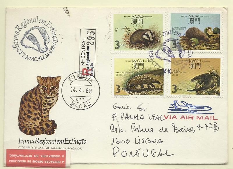 1260.jpg -     Lote:    1260            Macau       Descrição:         1988 &mdash; Fauna Regional em Extinção. CE563/66. Sobrescrito circulado registado de Macau (14.04.88) para Lisboa (19.04.88) com série completa obliterados com carimbo comemorativo do 1.º dia de circulação.        FDC       Valor Base:     &euro; 20,00     Valor Venda:     Retirado     