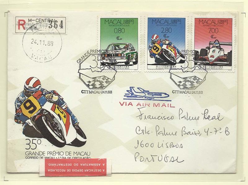 1263.jpg -     Lote:    1263            Macau       Descrição:         1988 &mdash; 35.º Grande Prémio de Macau. CE582/84 Sobrescrito circulado registado de Macau (24.11.88) para Lisboa (30.11.88) com série completa obliterados com carimbo comemorativo do 1.º dia de circulação.        FDC       Valor Base:     &euro; 20,00     Valor Venda:     Retirado     