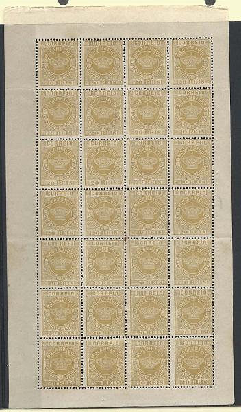 1273.jpg -     Lote:    1273            Moçambique       Descrição:         1876 &mdash; Tipo Coroa. CE3, 20 reis bistre, denteado 12 &frac12;. Folha completa de 28 selos. Valor de catálogo &euro; 70,00.        *       Valor Base:     &euro; 8,00     Valor Venda:     Retirado     
