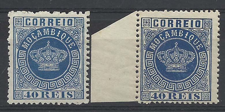 1274.jpg -     Lote:    1274            Moçambique       Descrição:         1876 &mdash; Tipo Coroa. CE5, 40 reis azul. Lote de dois selos: um em denteado 12 &frac12; sem goma e outro em denteado 13 &frac12; com goma original. Valor de catálogo &euro; 99,00        ***/*       Valor Base:     &euro; 15,00     Valor Venda:     Retirado     
