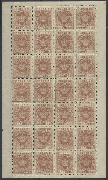 1277.jpg -     Lote:    1277            Moçambique       Descrição:         1876 &mdash; Coroa. CE9, 300 reis castanho, denteado 13 &frac12;. Folha completa com 28 selos com goma original. Valor de catálogo &euro; 168,00.        ***       Valor Base:     &euro; 50,00     Valor Venda:     Retirado     