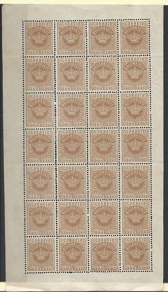 1278.jpg -     Lote:    1278            Moçambique       Descrição:         1876 &mdash; Tipo Coroa. CE9, 300 reis castanho amarelo, denteado 12 &frac12;. Folha completa de 28 selos. Valor de catálogo &euro; 168,00.        *       Valor Base:     &euro; 10,00     Valor Venda:     Retirado     