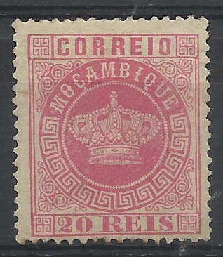 1279.jpg -     Lote:    1279            Moçambique       Descrição:         1881/85 &mdash; Coroa. Novas cores. CE11, 20 reis rosa, denteado 13 &frac12;. Selo regomado com uma muito ligeira transparência. Valor de catálogo &euro; 1.820,00.        RG**       Valor Base:     &euro; 380,00     Valor Venda:     Retirado     