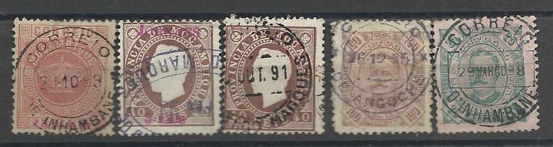 1280.jpg -     Lote:    1280            Moçambique       Descrição:         1876/1893 &mdash; Tipo Coroa + D. Luís + D. Luís com sobrecarga JORNAES + D. Carlos Diogo Neto. Lote de 5 selos: CE4, CE26 (um canto curto), CE19, CE33 e CE37. Valor de catálogo +/- &euro; 190,00. Obliterados com carimbos de duplo círculo de INHAMBANE LOURENÇO MARQUES e ANGOCHE.        O       Valor Base:     &euro; 50,00     Valor Venda:     &euro; 65,00       