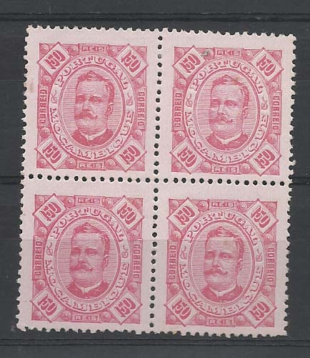 1281.jpg -     Lote:    1281            Moçambique       Descrição:         1893/94 &mdash; D. Carlos I, Diogo Neto. CE38, 150 reis carmim s/ rosa, denteado 12 &frac12;. Quadra. Valor de catálogo &euro; 104,00.        *       Valor Base:     &euro; 20,00     Valor Venda:     &euro; 20,00       