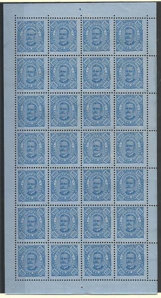 1299.jpg -     Lote:    1299            Lourenço Marques       Descrição:         1893/95 &mdash; D. Carlos I Diogo Neto. CE12, 200 reis azul s/ azul. Folha completa com 28 selos. Valor de catálogo &euro; 170,80.        *       Valor Base:     &euro; 50,00     Valor Venda:     Retirado     