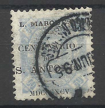1301.jpg -     Lote:    1301            Lourenço Marques       Descrição:         1895 &mdash; D. Carlos I Diogo Neto de Moçambique com sobrecarga do "Centenário de S. António". CE26, 50 reis azul claro, denteado 11 &frac12;. Valor de catálogo &euro; 50,00.        O       Valor Base:     &euro; 10,00     Valor Venda:     &euro; 12,00       