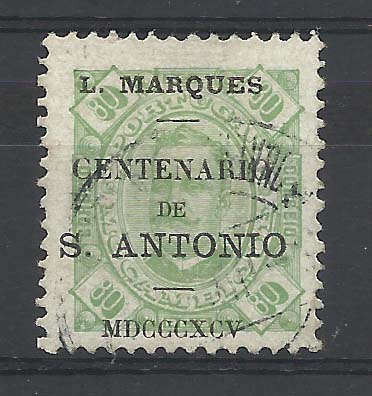 1302.jpg -     Lote:    1302            Lourenço Marques       Descrição:         1895 &mdash; D. Carlos I Diogo Neto de Moçambique com sobrecarga do "Centenário de S. António". CE28, 80 reis verde claro, denteado 11 &frac12;. Valor de catálogo &euro; 90,00.        O       Valor Base:     &euro; 20,00     Valor Venda:     &euro; 22,00       