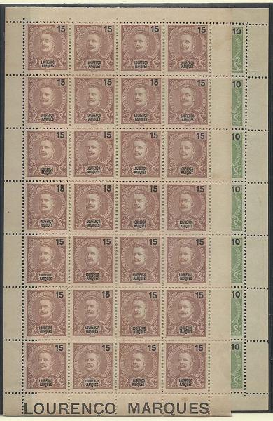 1303.jpg -     Lote:    1303            Lourenço Marques       Descrição:         1898/1901 &mdash; D. Carlos I Mouchon. CE34/35, 10 reis + 15 reis castanho. Folhas completas com 28 selos. Valor de catálogo &euro; 74,20.        *       Valor Base:     &euro; 25,00     Valor Venda:     Retirado     