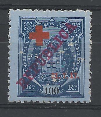 1309.jpg -     Lote:    1309            Companhia de Moçambique       Descrição:         1917 &mdash; Tipo Elefante, com REPUBLICA e sobrecarga Cruz Vermelha. CE112, 100 reis azul s/ azul com ligeiros defeitos na porcelana. Valor de catálogo &euro; 110,00.        **       Valor Base:     &euro; 15,00     Valor Venda:     &euro; 20,00       