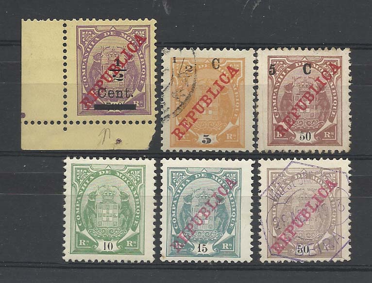 1311.jpg -     Lote:    1311            Companhia de Moçambique       Descrição:         1916 &mdash; Tipo Elefante + Tipo Elefante, com REPUBLICA e sobretaxa em centavos. Lote de seis selos. CE114, com traço da sobrecarga deslocado, CE93 com "1" ponta curta; CE98 com "5" bandeira curta; CE13 com "1" ponta curta + CE80 com "5" bandeira curta e CE83 com "5" bandeira curta.        */O       Valor Base:     &euro; 10,00     Valor Venda:     &euro; 20,00       