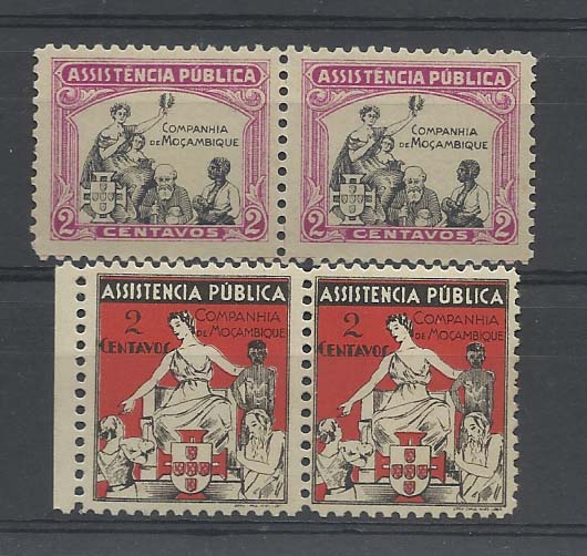 1314.jpg -     Lote:    1314            Companhia de Moçambique       Descrição:         1933/41 &mdash; Imposto Postal * Assistência Pública. CE IP2 2c lilás + CE IP4, 2c vermelho. Lote composto por 2 pares horizontais. Valor de catálogo &euro; 52,00.         ***       Valor Base:     &euro; 10,00     Valor Venda:     &euro; 32,00       