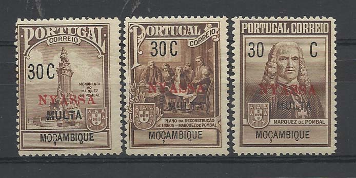 1319.jpg -     Lote:    1319            Companhia do Niassa       Descrição:         1925 &mdash; Imposto Postal * Porteado * Monumento ao Marquês de Pombal. CE IP POR1/3. Série completa. Valor de catálogo &euro; 69,00.         ***       Valor Base:     &euro; 10,00     Valor Venda:     &euro; 36,00       