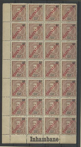 1320.jpg -     Lote:    1320            Inhambane       Descrição:         1911 &mdash; D. Carlos I tipo Mouchon. CE38, 50 reis castanho. Folha completa de 28 selos. Valor de catálogo &euro; 19,60.        ***       Valor Base:     &euro; 5,00     Valor Venda:     &euro; 32,00       